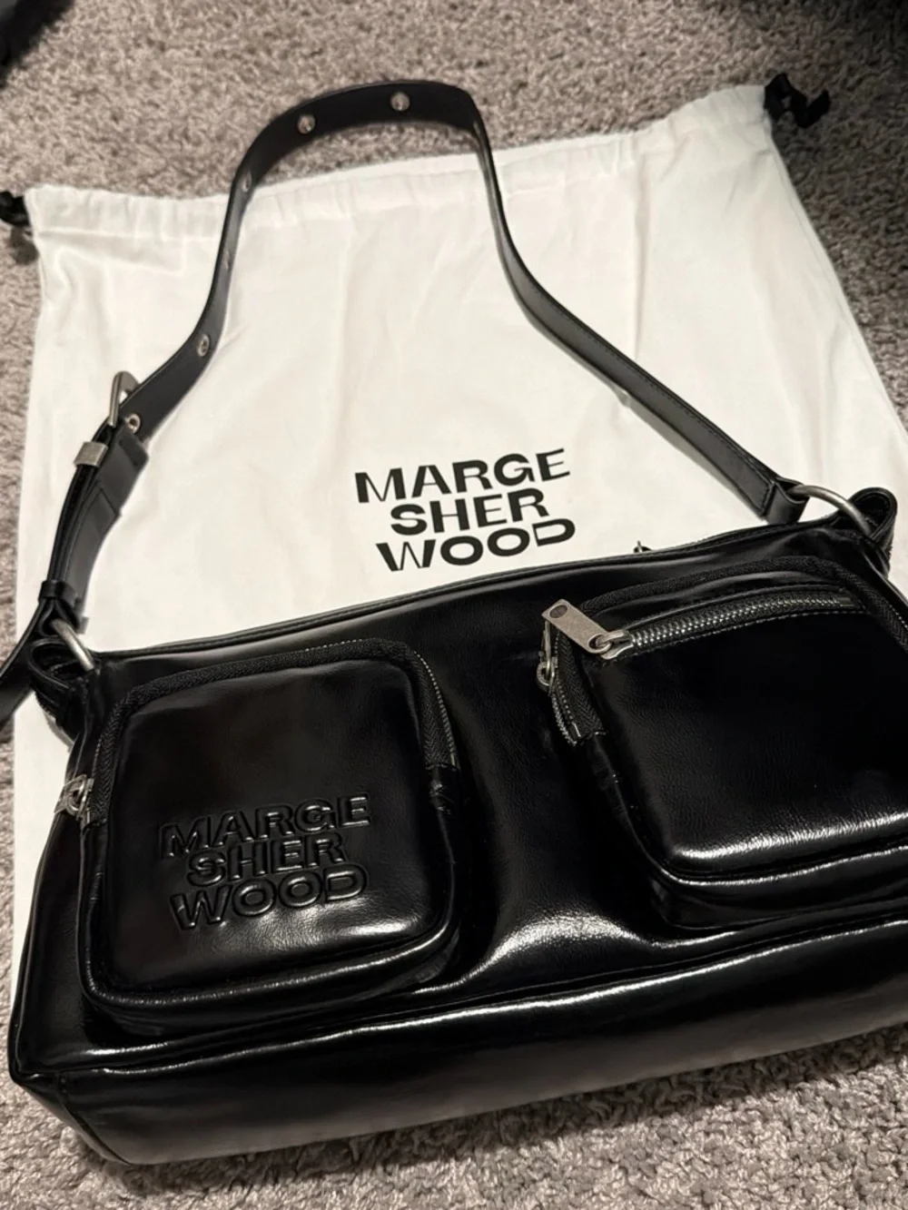 Marge Sherwood Black Leather Hobo Bag with Front Pockets
